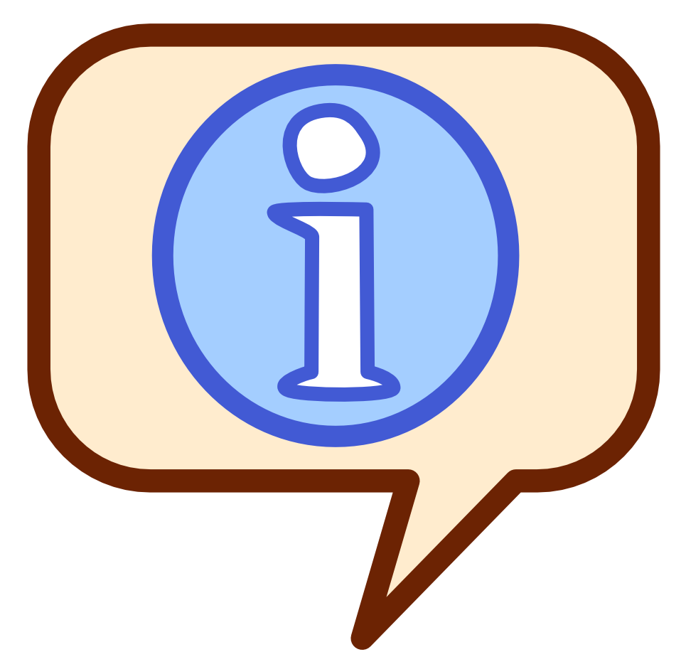 Inside an off white speech bubble is a blue oval with a white I on it. The image has dark line art